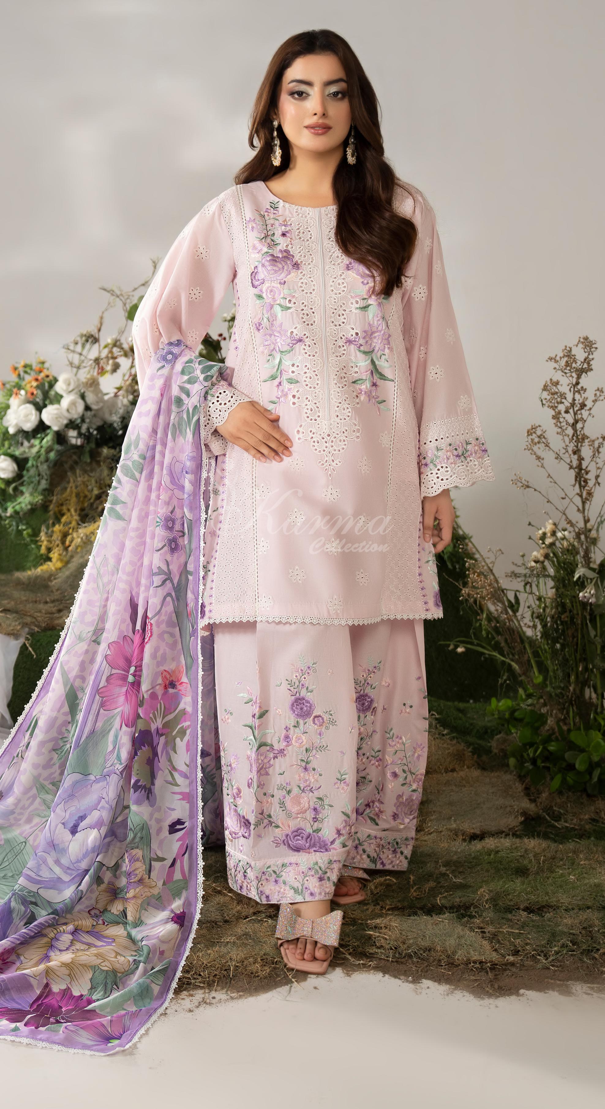 Pink Lavender Karma Signature Embroidered 3 Piece suit