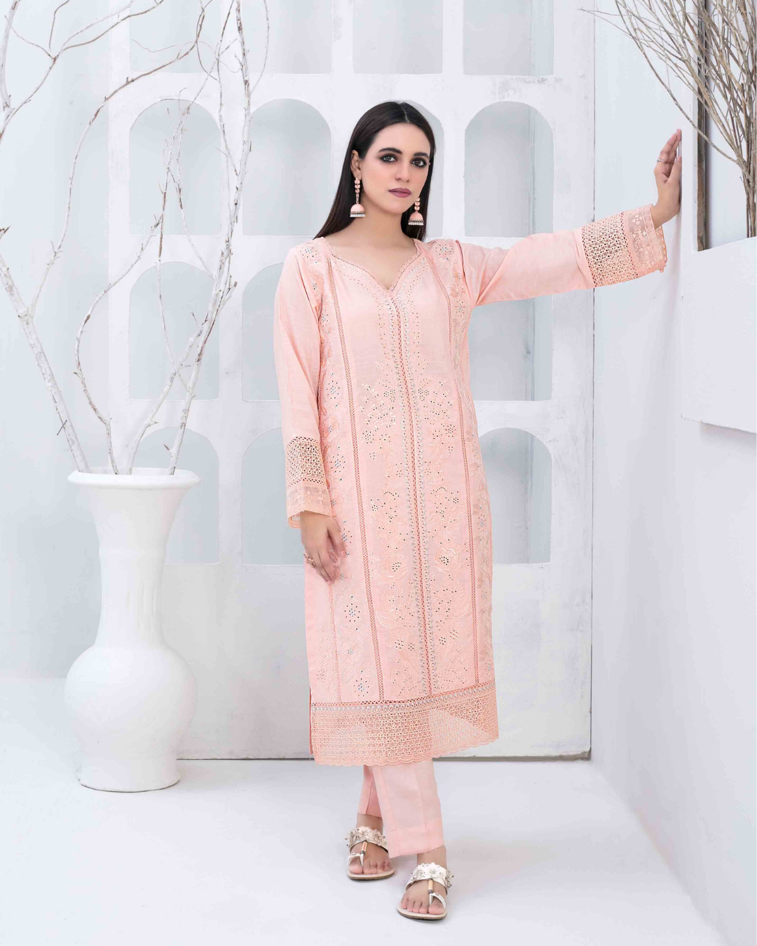 Peach Pink Embroidered Slub Linen 2-Piece Suit