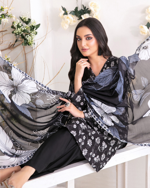 Black & White Printed Suit with Floral Pattern Dupatta