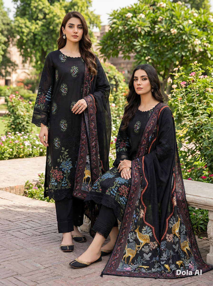 Maria b inspired black with red and blue embroidery 3pc outfit