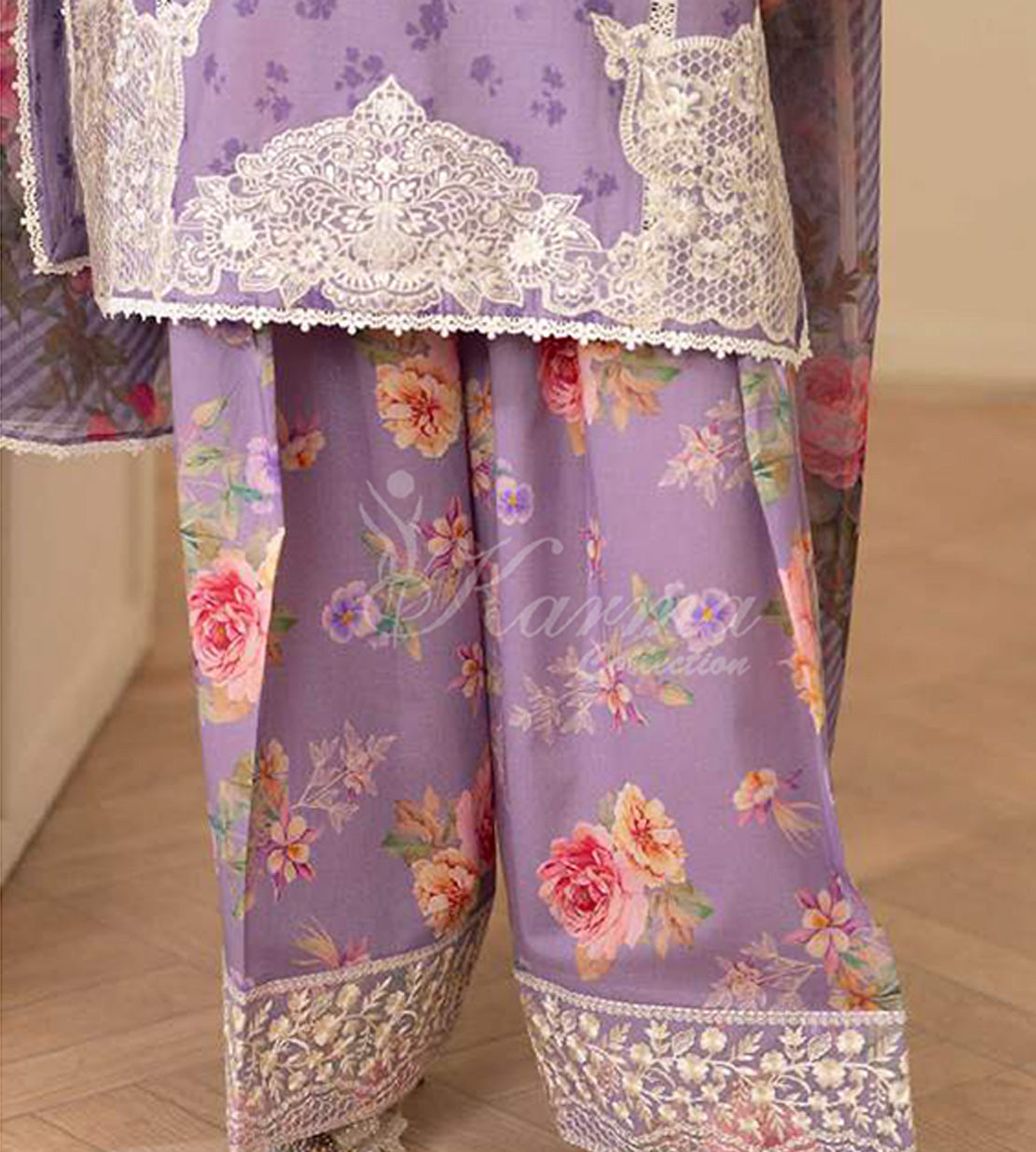 Lavender Bloom Embroidered Lawn Suit with Floral Printed Dupatta & Farshi Shalwar