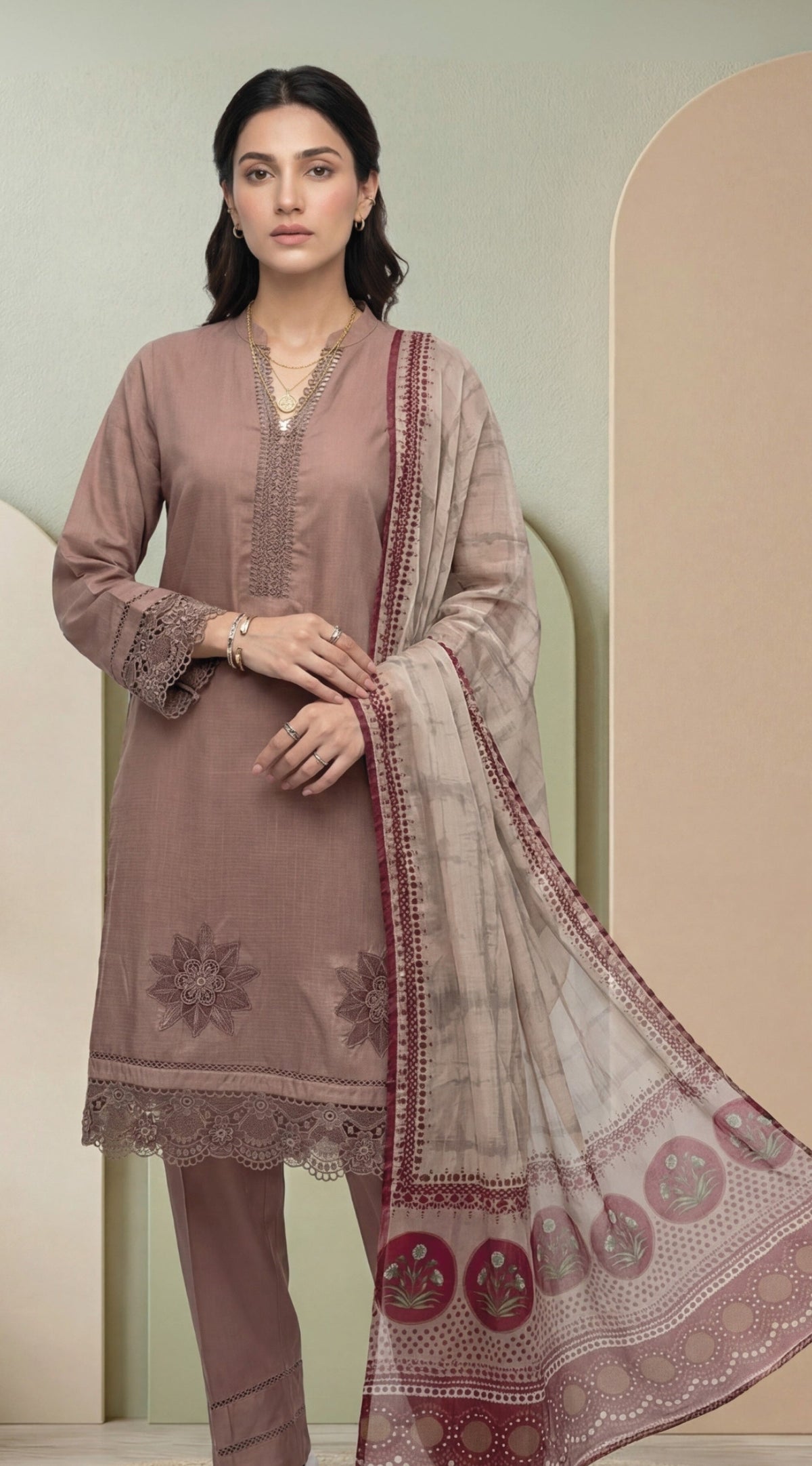 Mauve Taupe Embroidered 3-Piece Suit with Printed Digital Dupatta