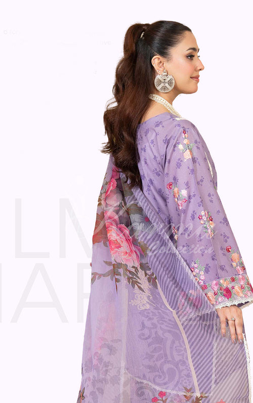 Lavender Bloom Embroidered Lawn Suit with Floral Printed Dupatta & Farshi Shalwar