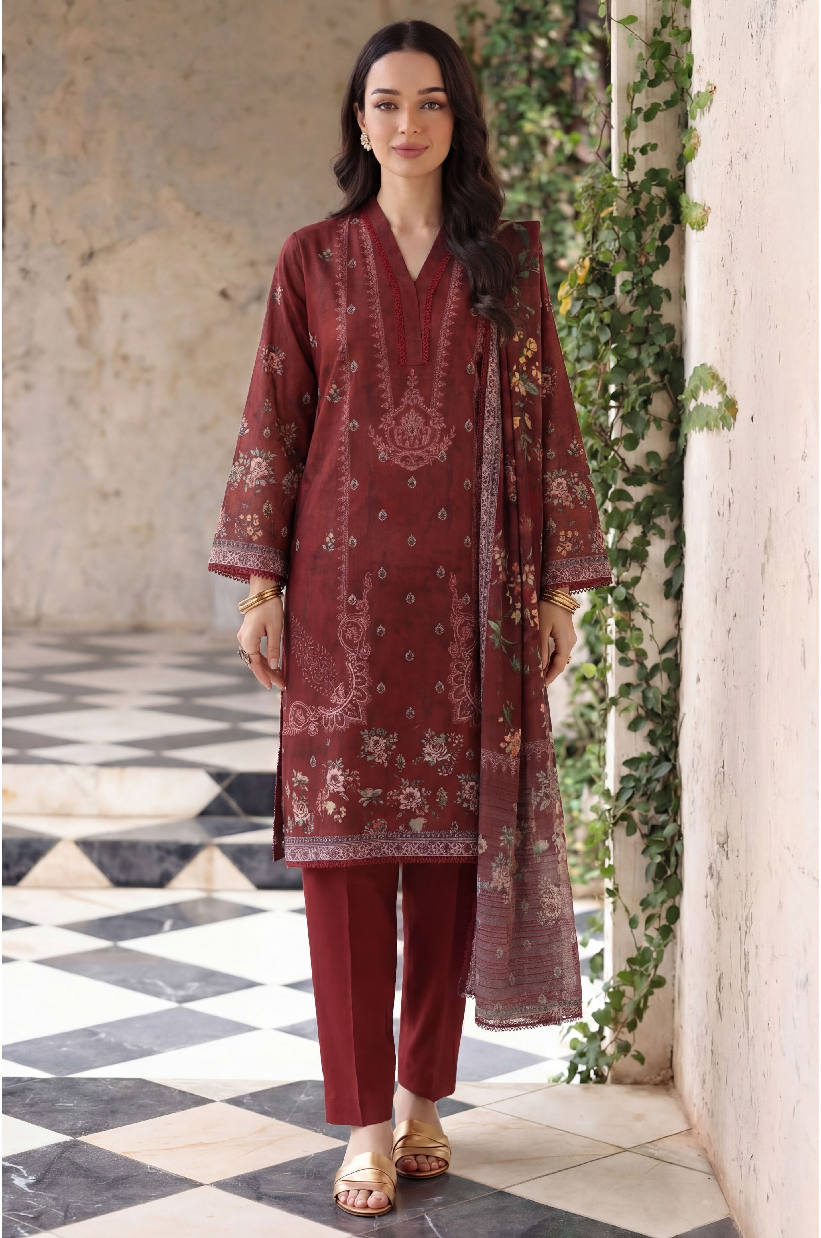 Maroon 3pc Lawn Stitched Suit