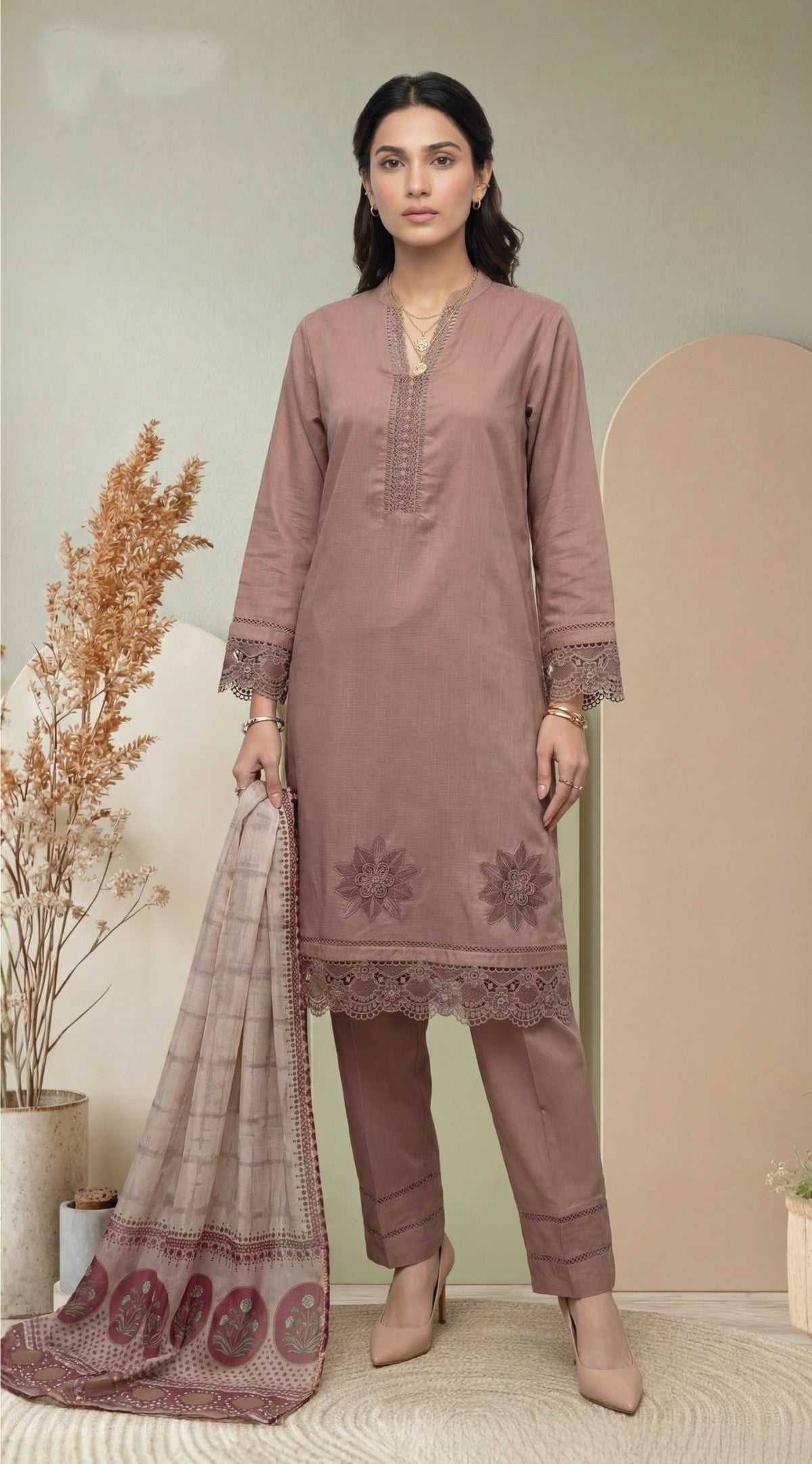Mauve Taupe Embroidered 3-Piece Suit with Printed Digital Dupatta