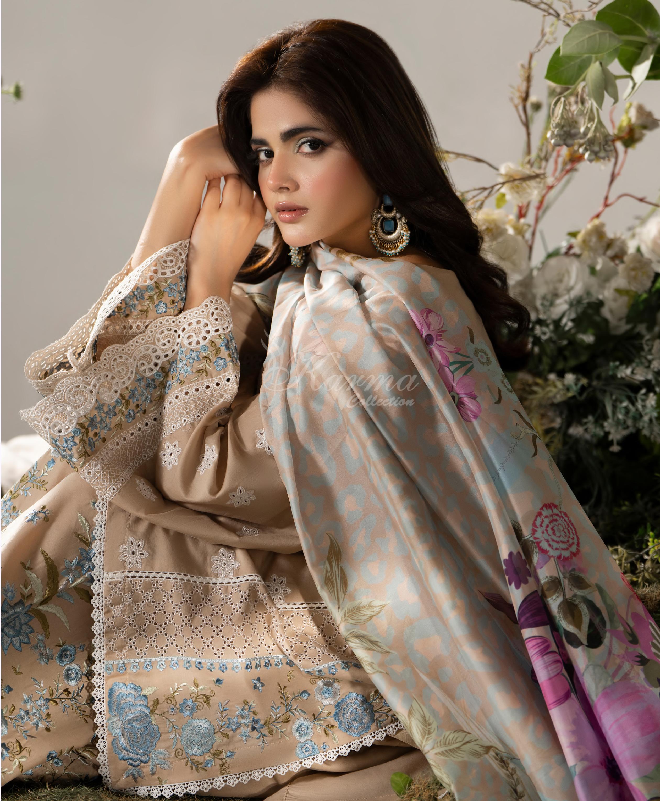 Light Taupe Karma Signature Embroidered 3 Piece suit