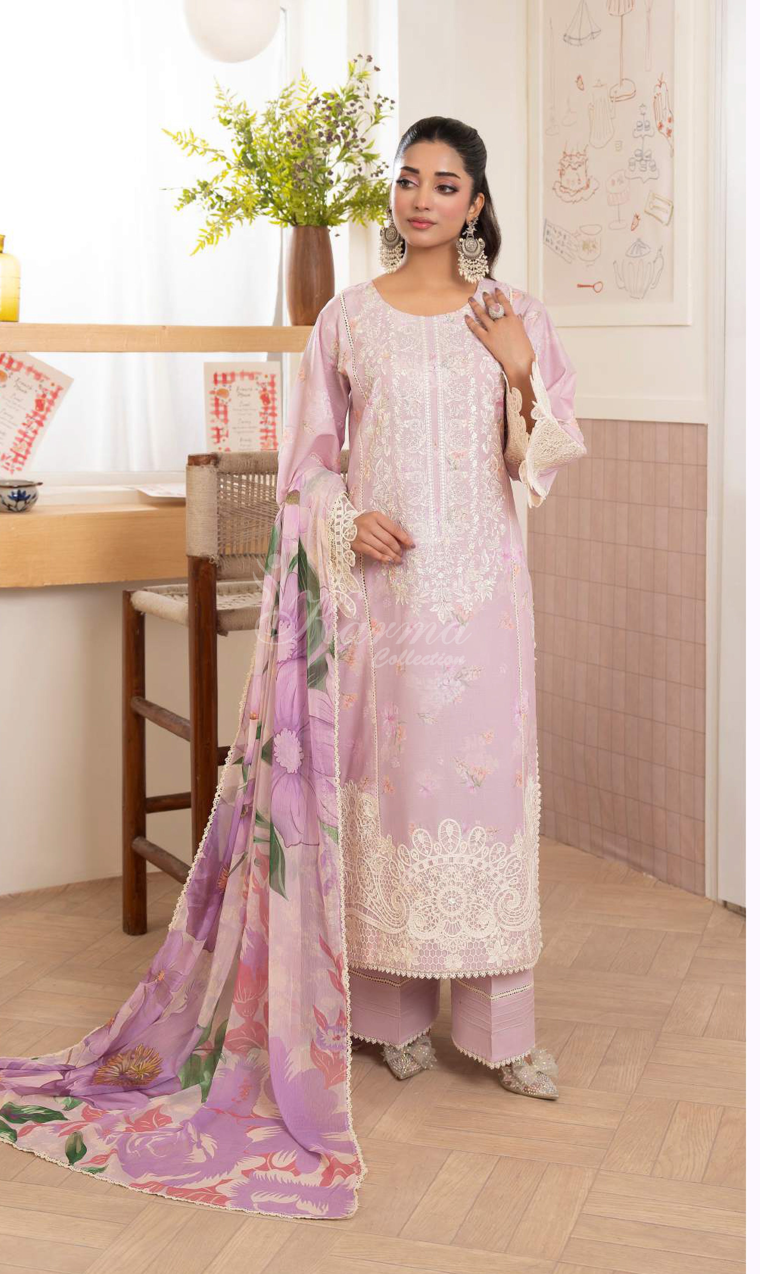 Blush Pink Embroidered Lawn Suit with Straight Trouser & Printed Chiffon Dupatta