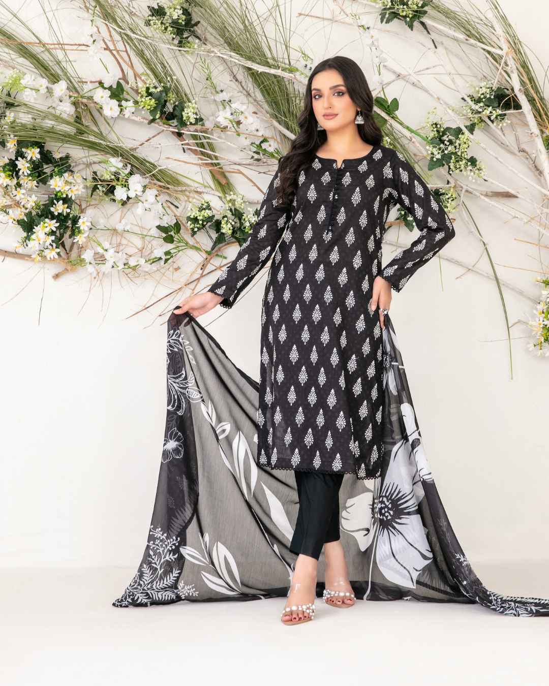 Black & White Printed Suit with Floral Digital Print Dupatta