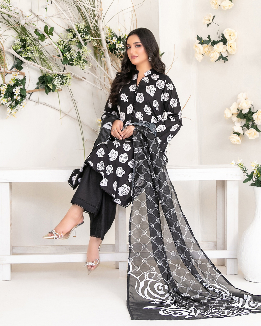 Black & White Floral Printed Suit with Digital Printed Dupatta