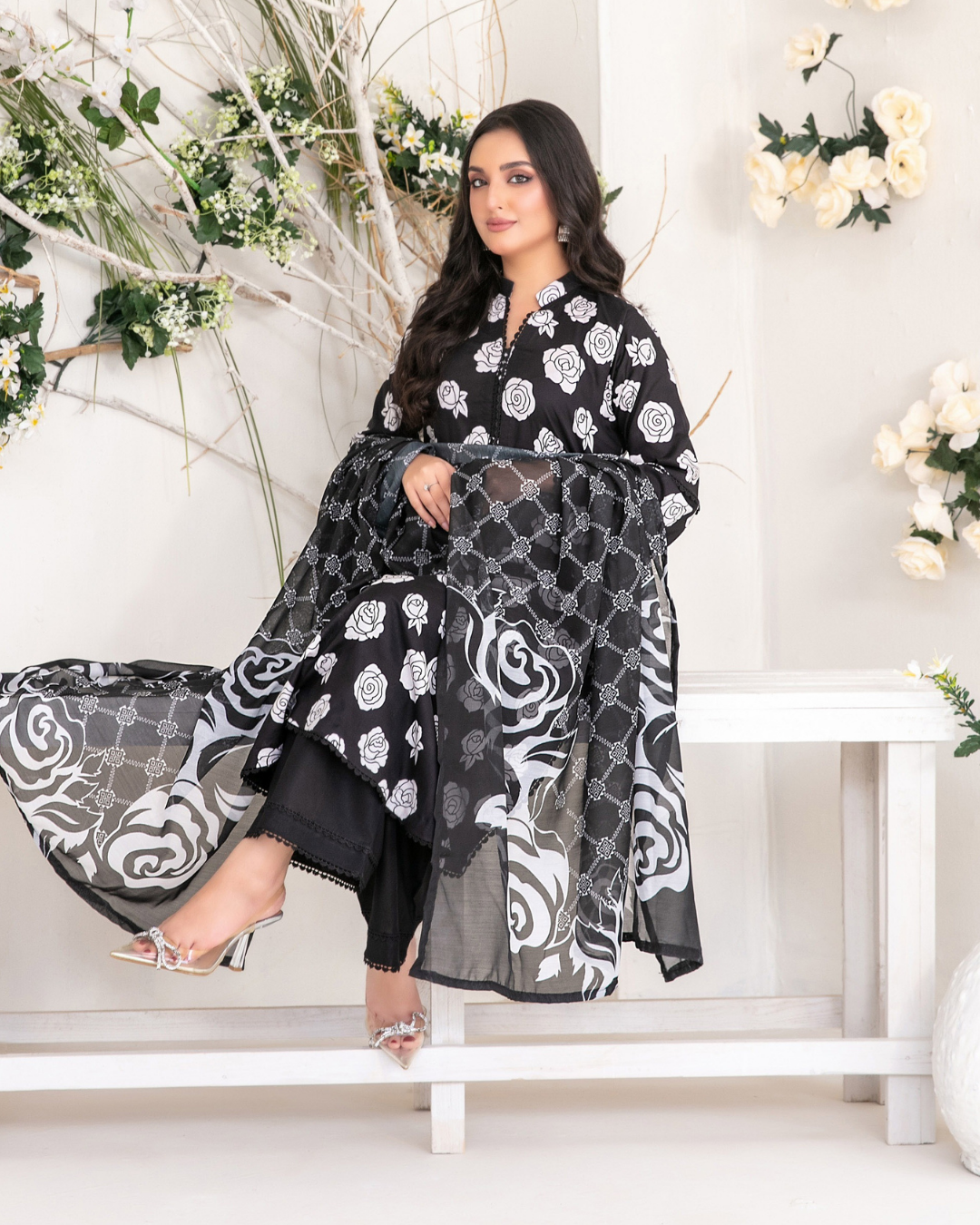 Black & White Floral Printed Suit with Digital Printed Dupatta