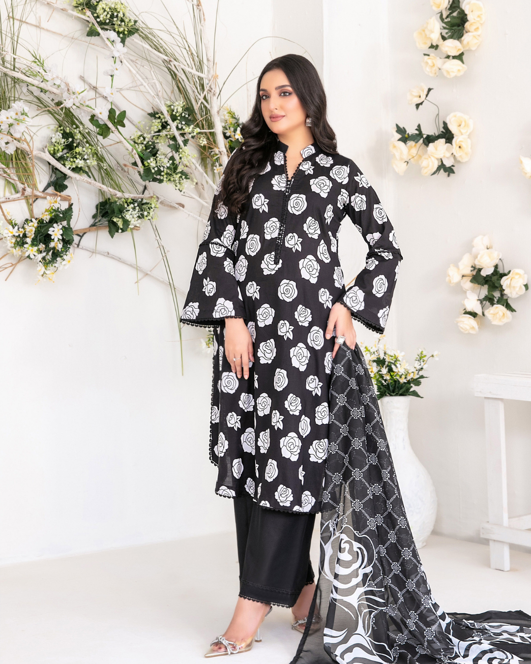 Black & White Floral Printed Suit with Digital Printed Dupatta