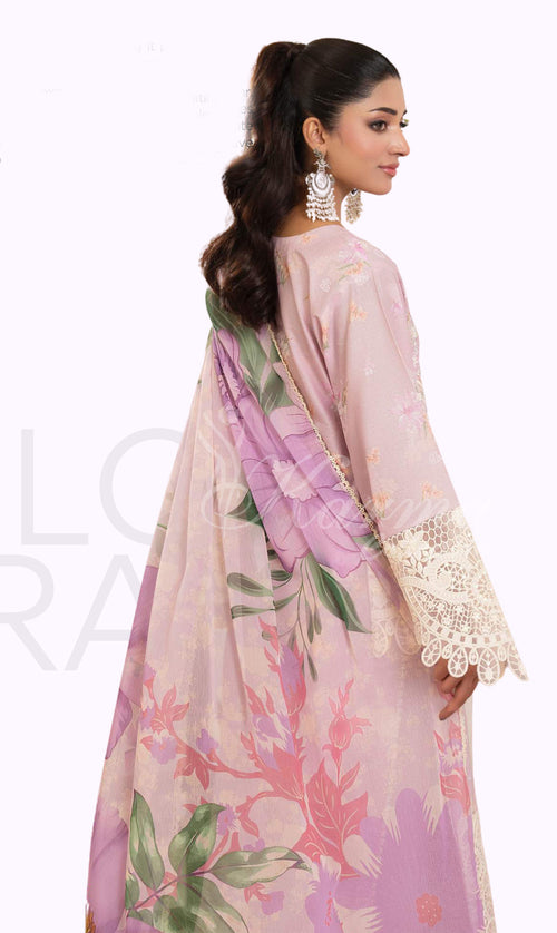 Blush Pink Embroidered Lawn Suit with Straight Trouser & Printed Chiffon Dupatta
