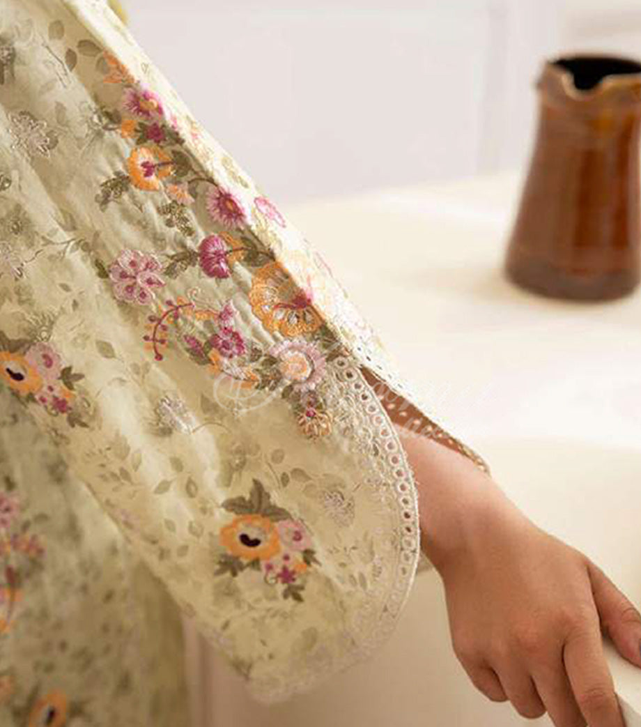 Ivory Garden Embroidered Lawn Suit with Floral Printed Dupatta & Farshi Shalwar