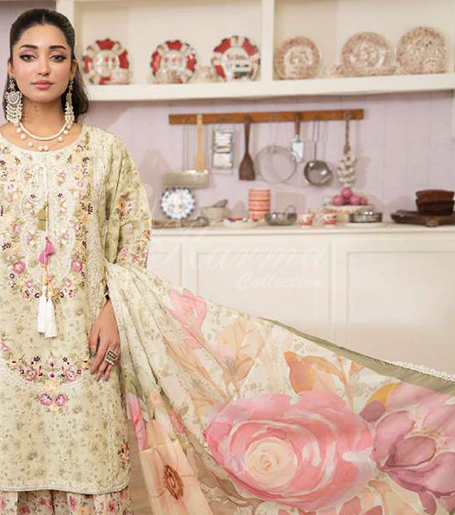 Ivory Garden Embroidered Lawn Suit with Floral Printed Dupatta & Farshi Shalwar