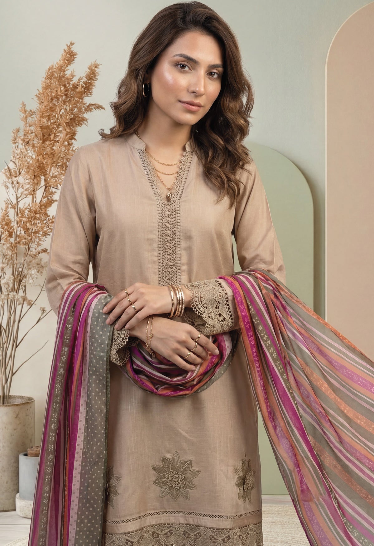 Beige Embroidered 3-Piece Suit with Multicolor Striped Digital Print Dupatta