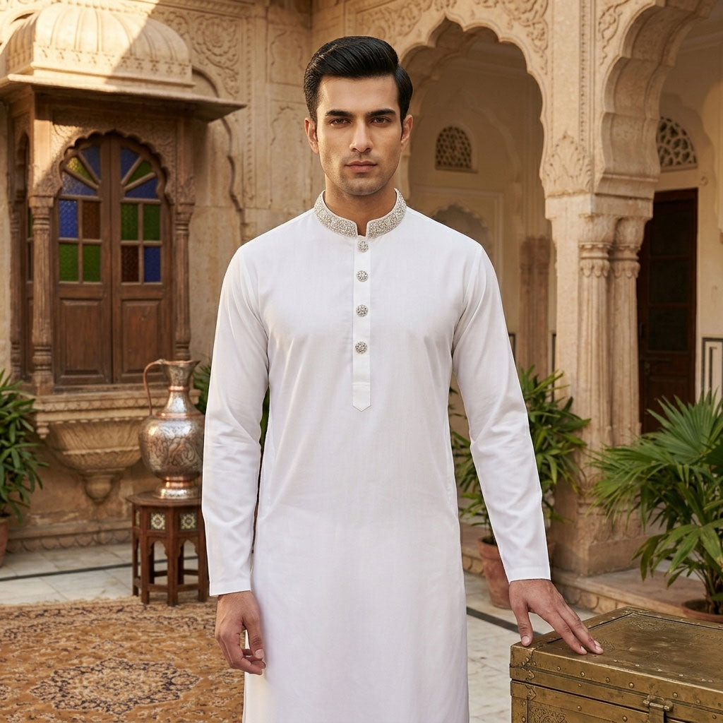 Embroidered Kurta Trouser - White with Silver