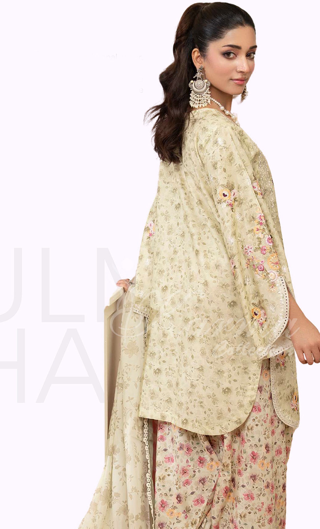 Ivory Garden Embroidered Lawn Suit with Floral Printed Dupatta & Farshi Shalwar