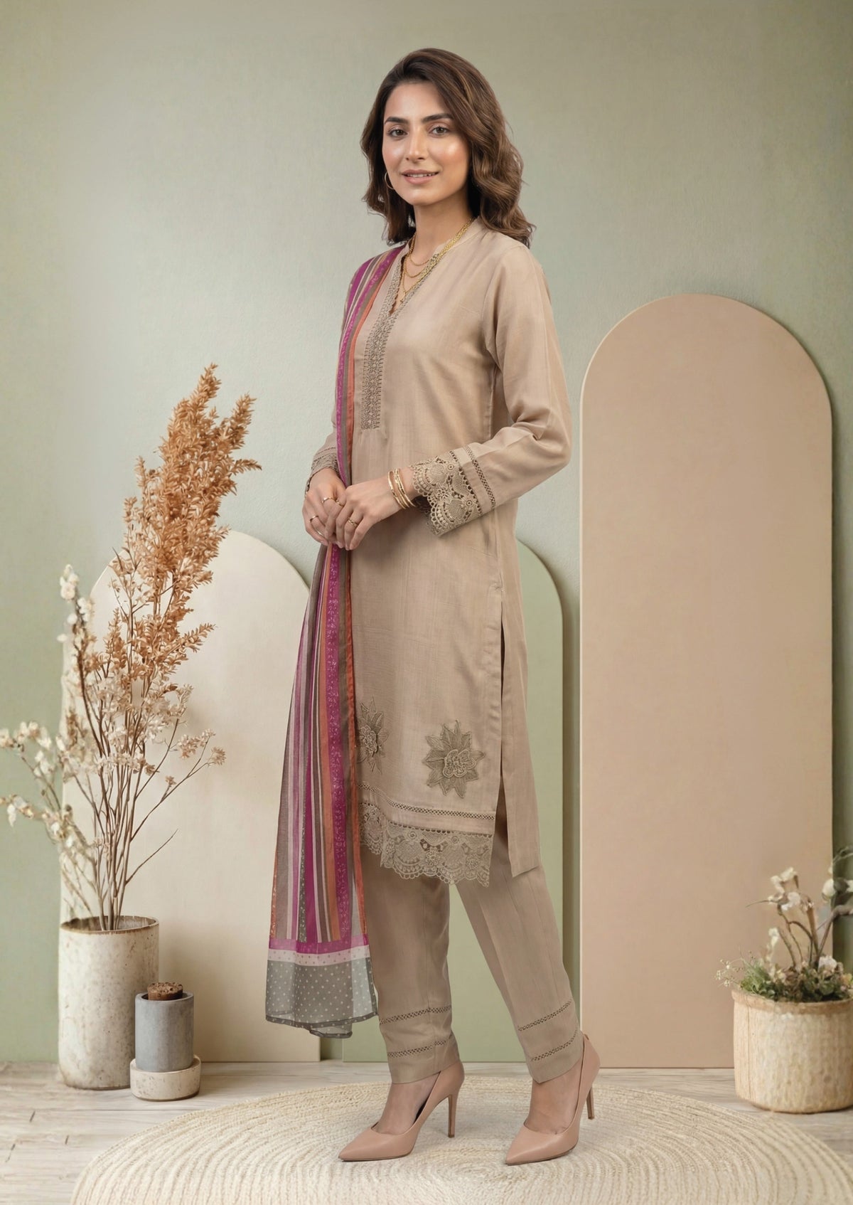 Beige Embroidered 3-Piece Suit with Multicolor Striped Digital Print Dupatta