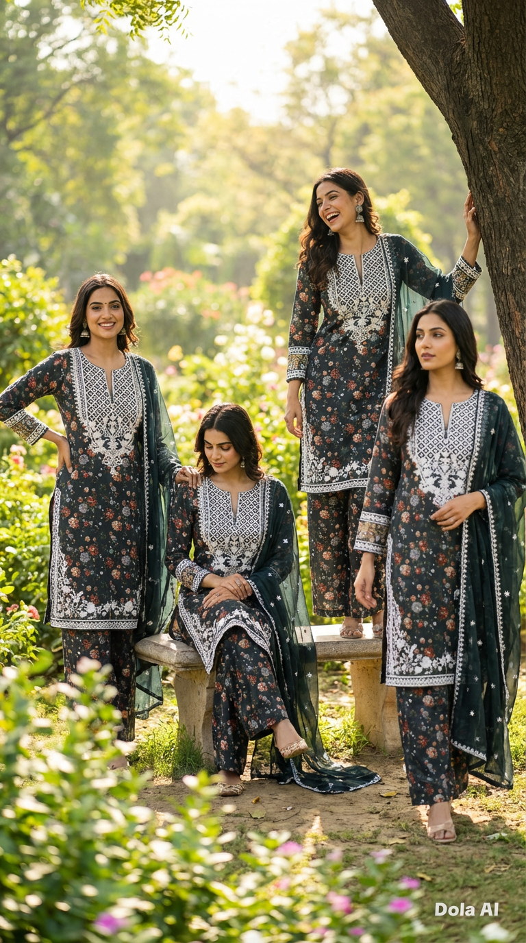 Floral suit with wide trousers and Chiffon embroidery dupatta