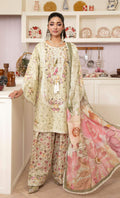 Ivory Garden Embroidered Lawn Suit with Floral Printed Dupatta & Farshi Shalwar