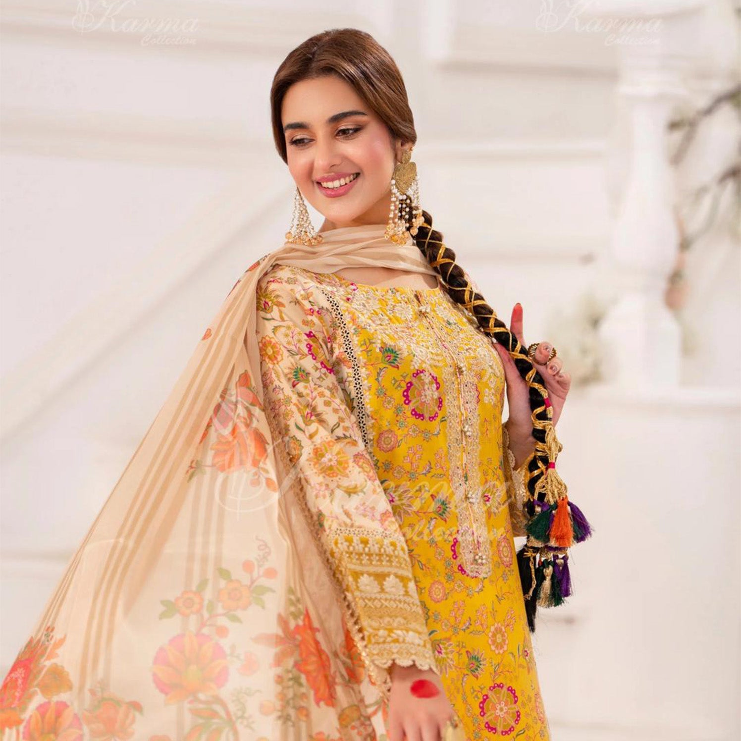 Karma Yellow 3pc Outfit With Silk Duppata