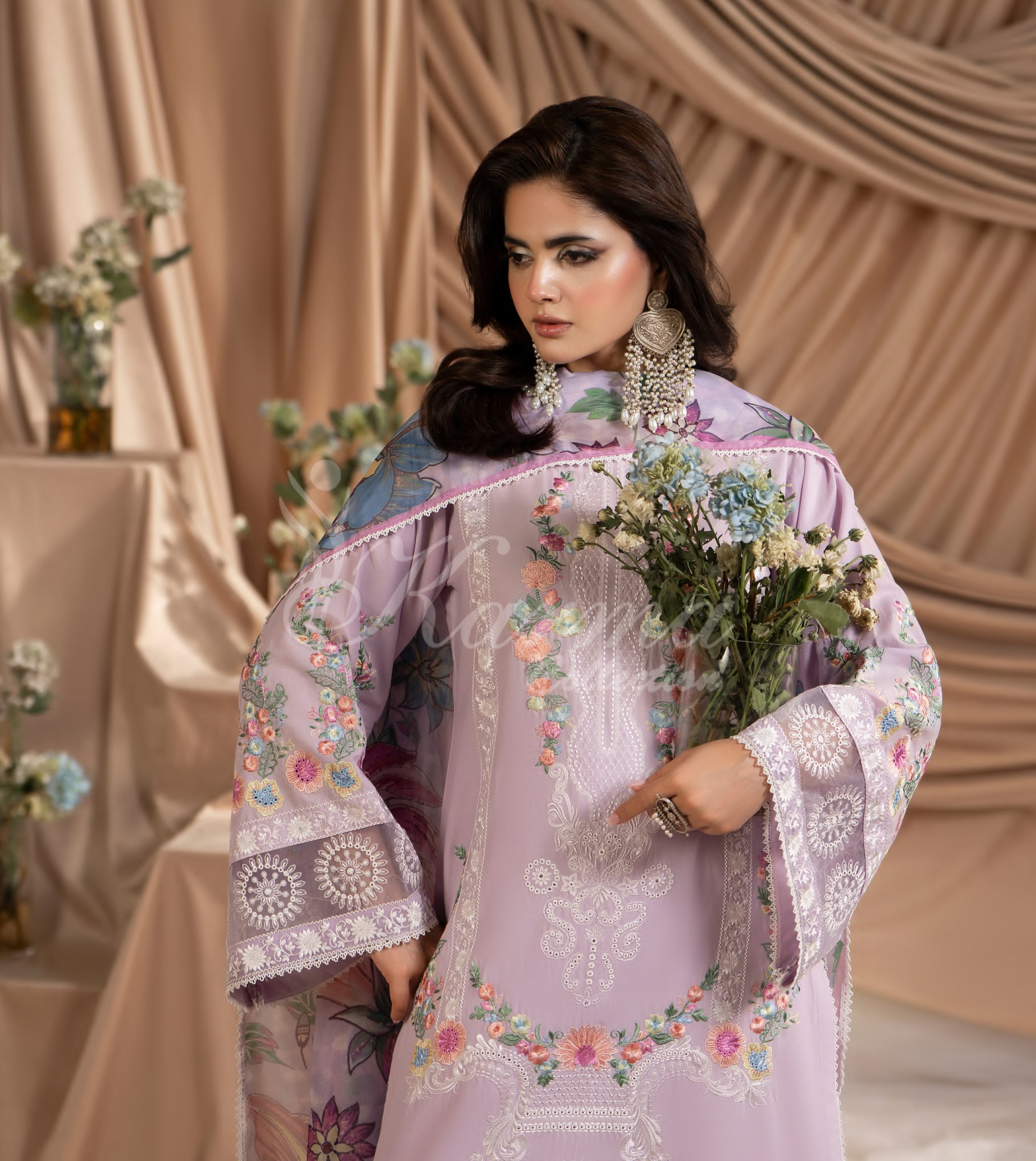 Pastel Mauve Karma Signature Embroidered 3 Piece suit