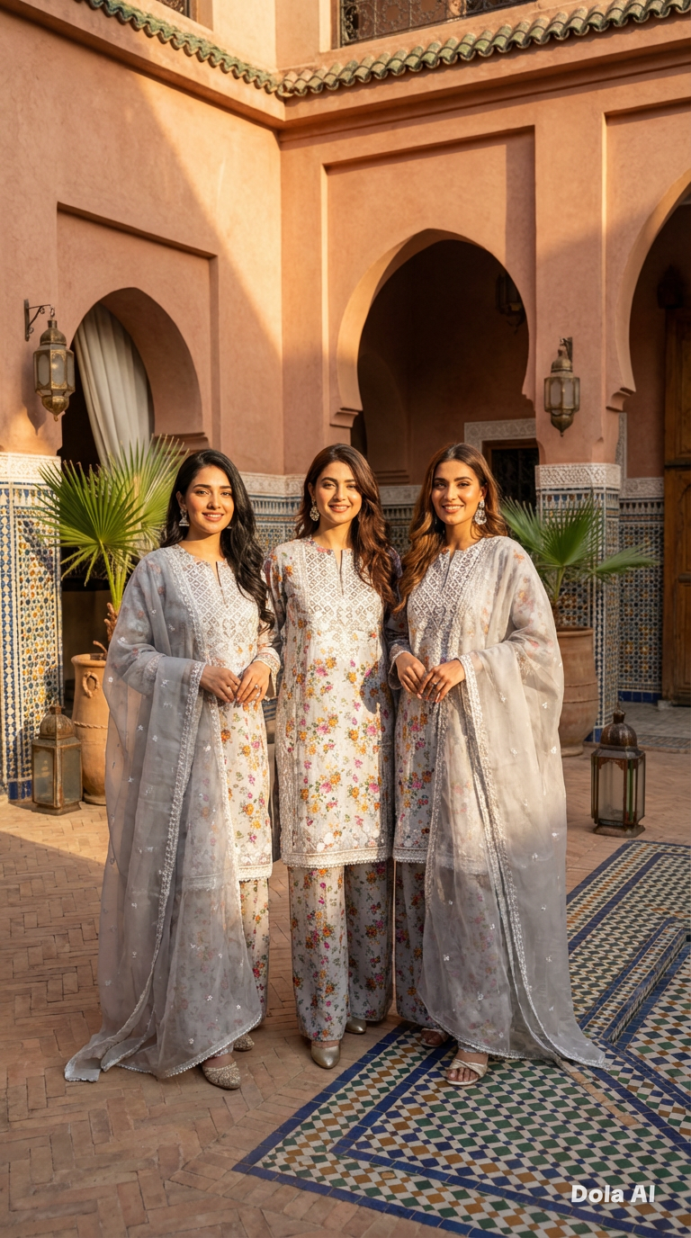 Floral suit with wide trousers and Chiffon embroidery dupatta