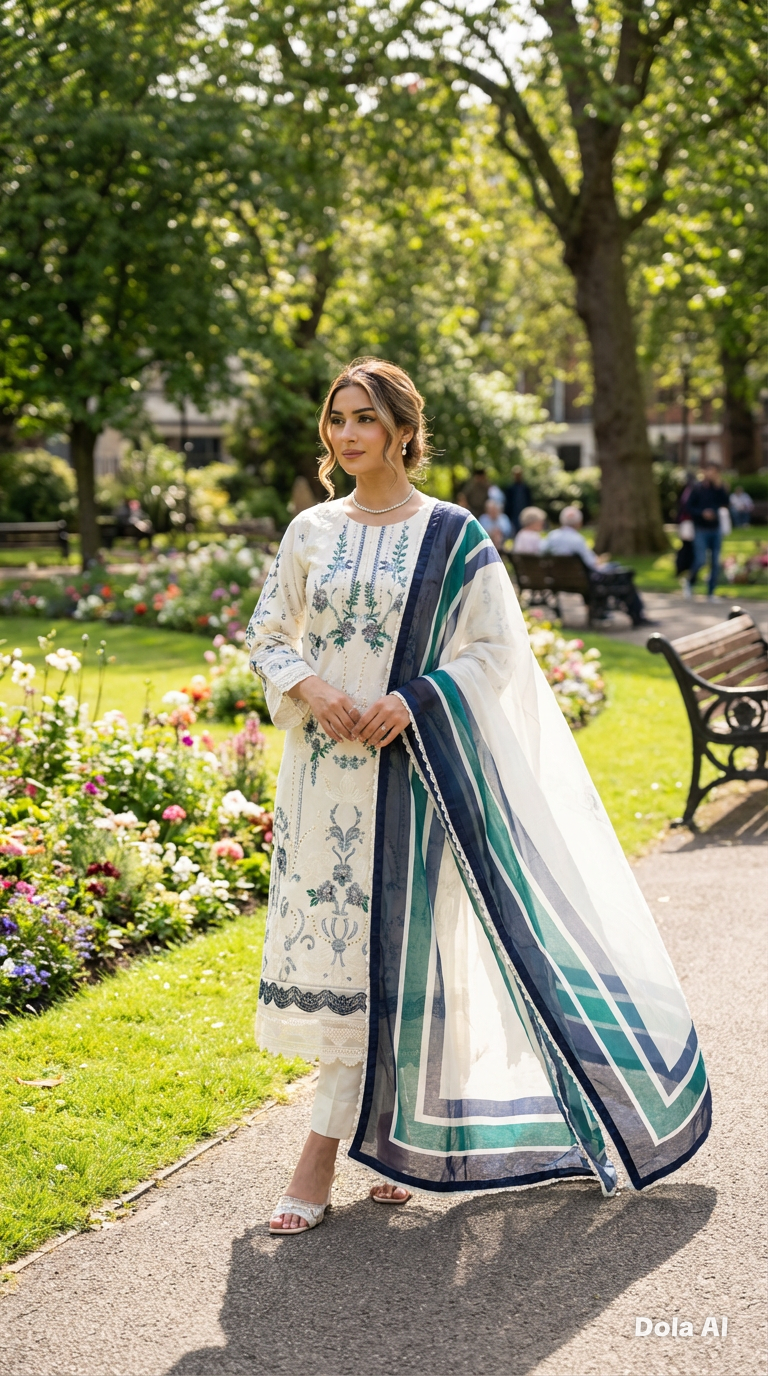 White and blue Maria b inspired 3pc outfit with silk scarf