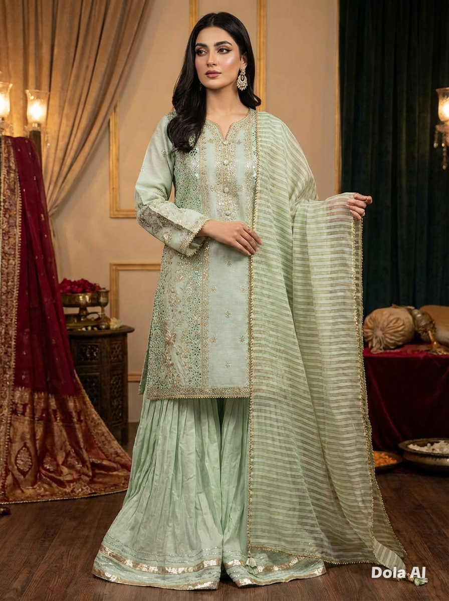 Mint green organza sharara with green duppata