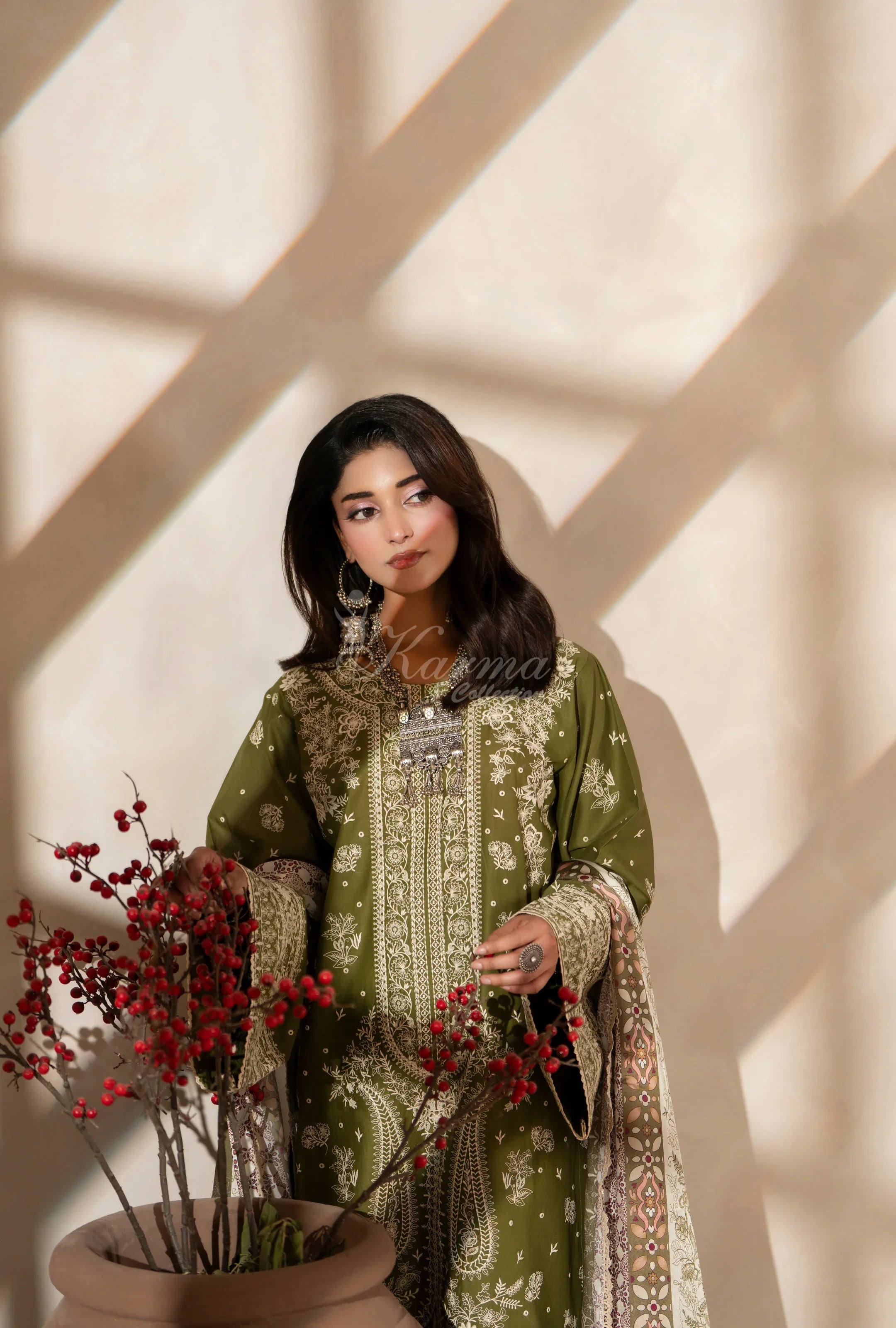 Original Karma collection olive green 3pc outfit with silk scarf