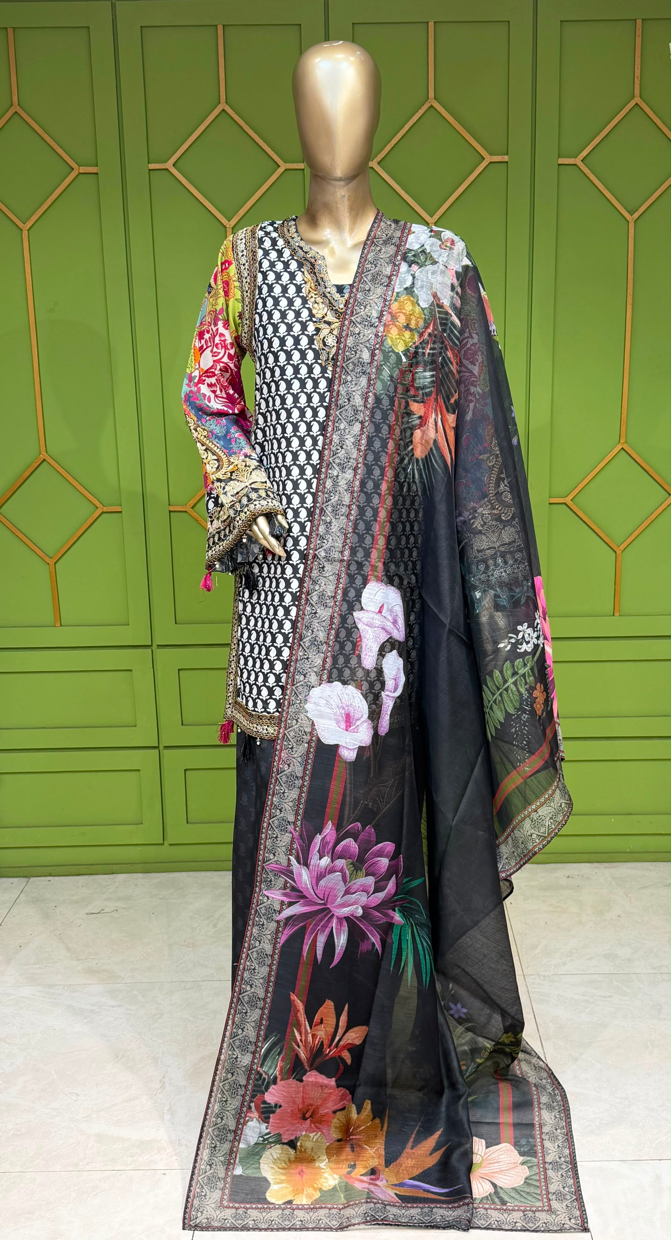Black floral kameez with farshi Shalwaar 3pc outfit