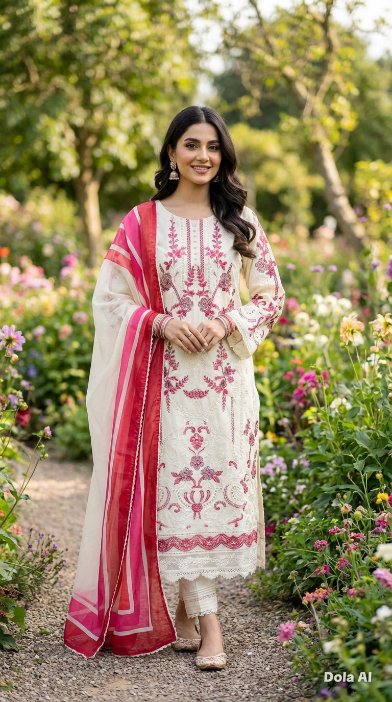 White and red Maria b inspired 3pc outfit with a silk scarf