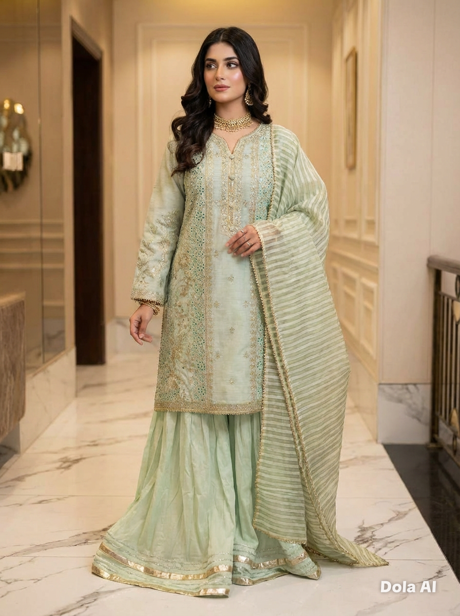 Mint green organza sharara with green duppata