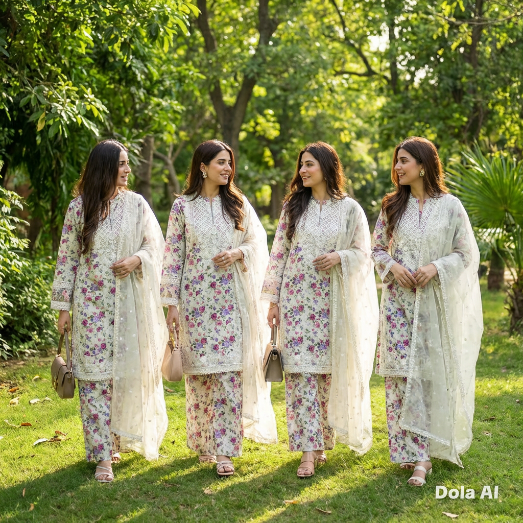 Floral suit with wide trousers and Chiffon embroidery dupatta