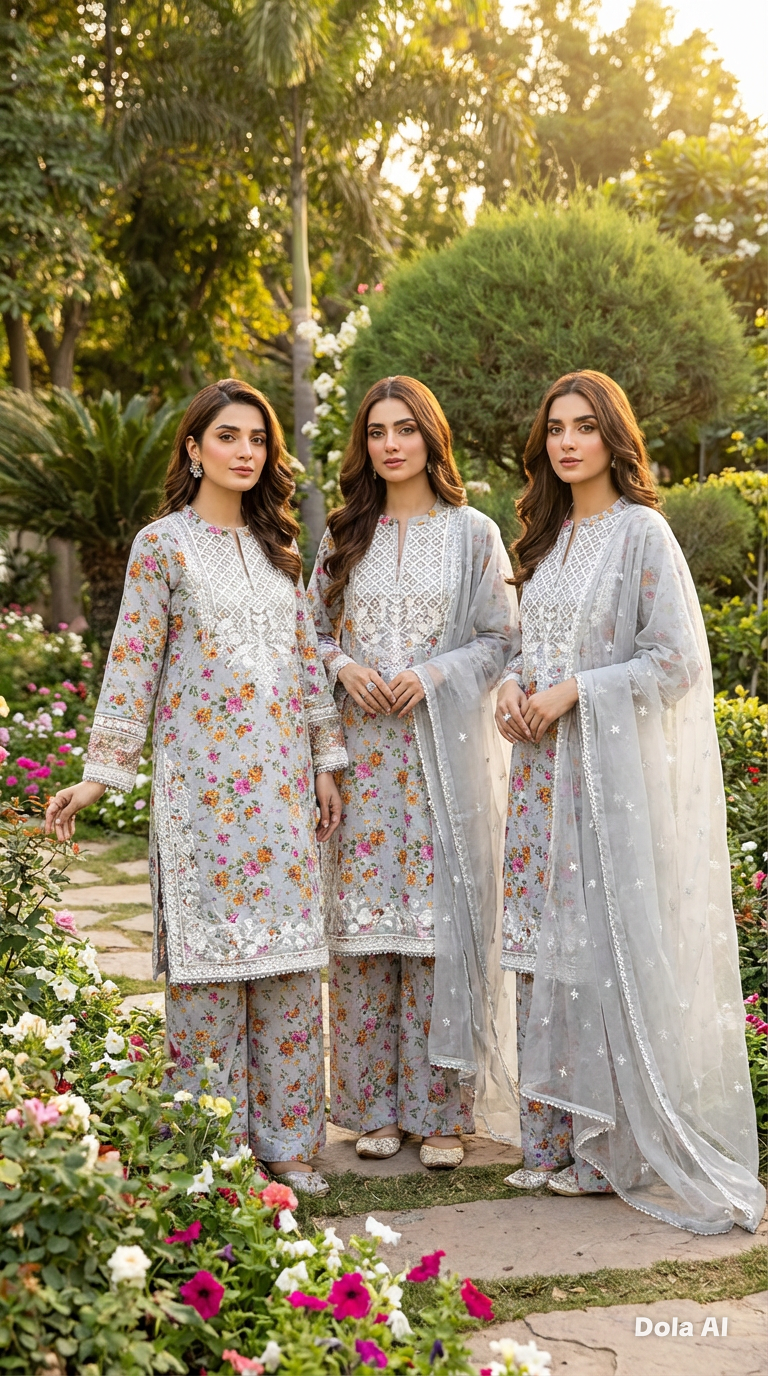 Floral suit with wide trousers and Chiffon embroidery dupatta