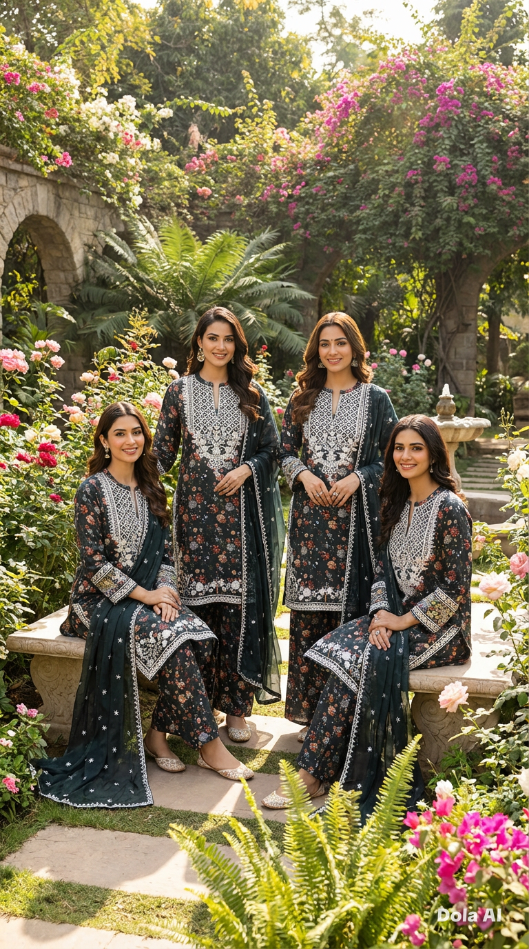 Floral suit with wide trousers and Chiffon embroidery dupatta