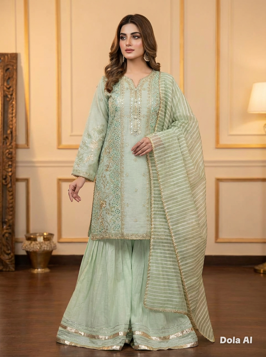 Mint green organza sharara with green duppata