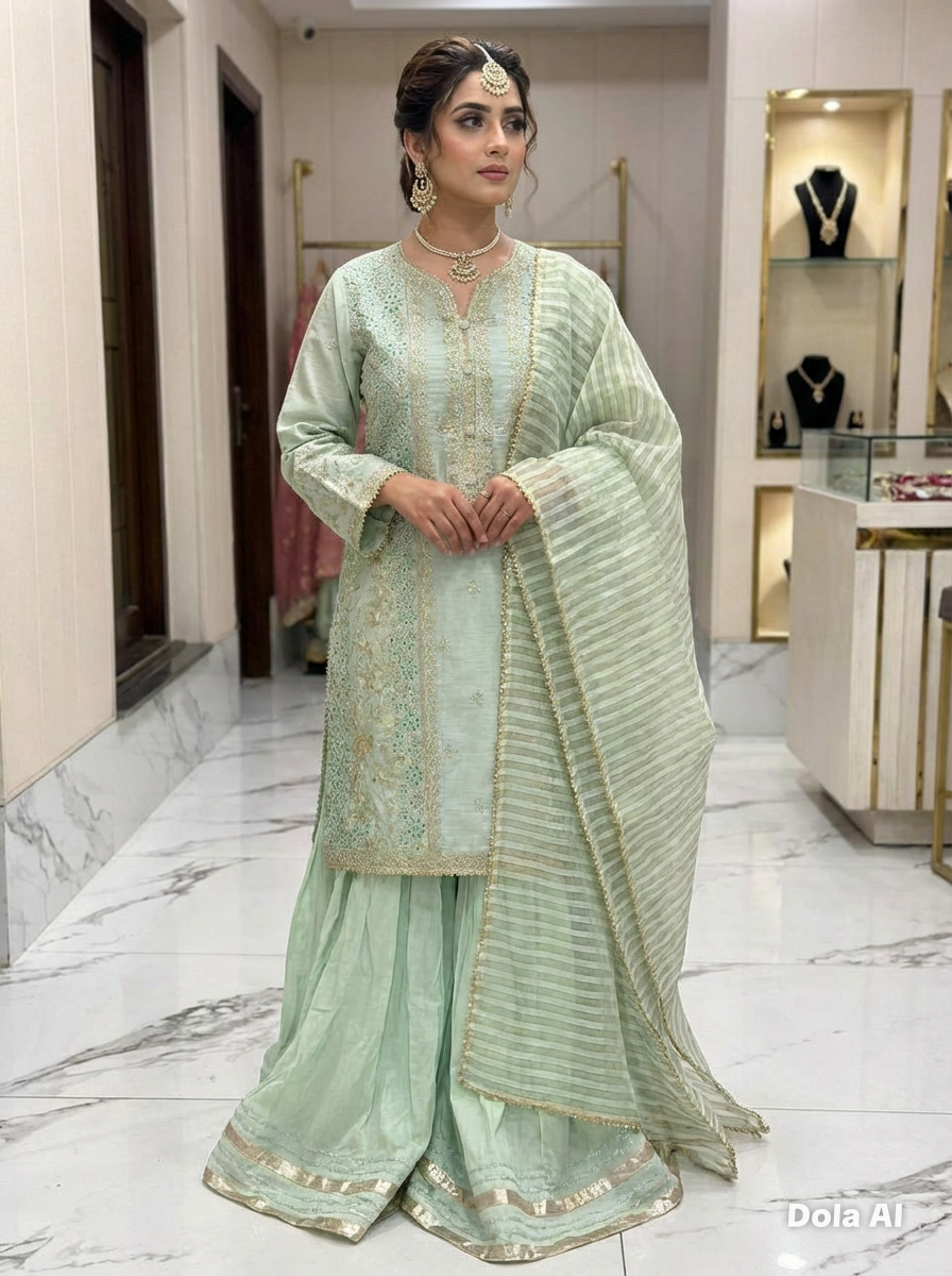 Mint green organza sharara with green duppata