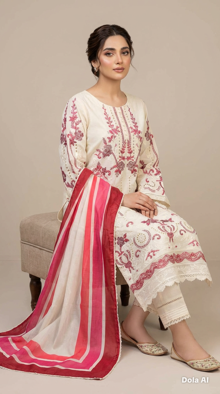 White and red Maria b inspired 3pc outfit with a silk scarf