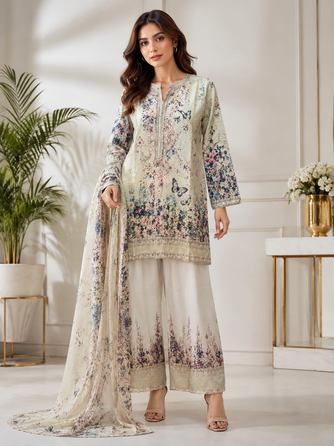 Ivory Floral Printed Luxury Silky Viscose 3-Piece Sui