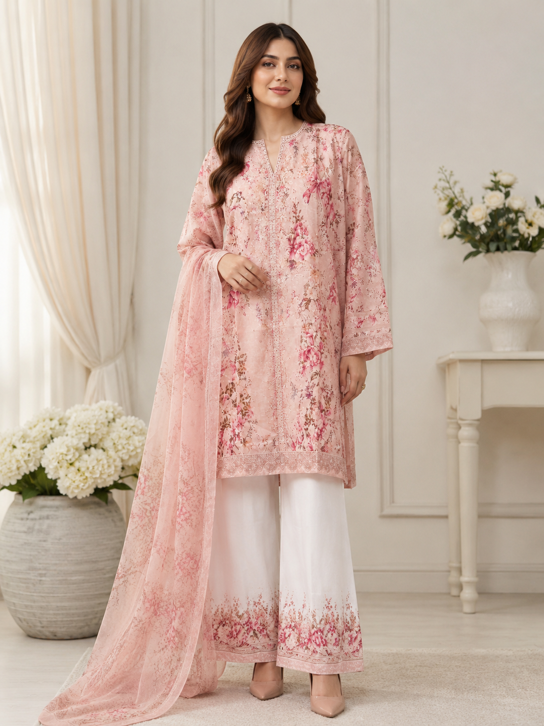 Luxury Silky Viscose 3-Piece Peach Floral Embroidered Outfit