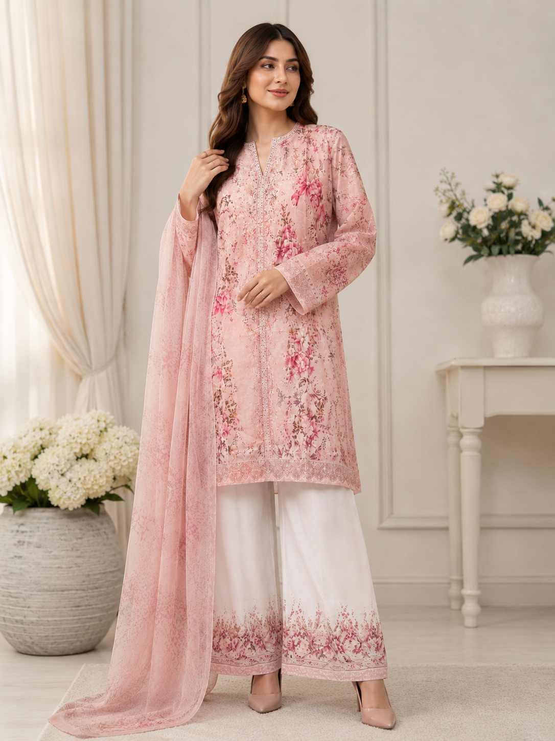 Luxury Silky Viscose 3-Piece Peach Floral Embroidered Outfit