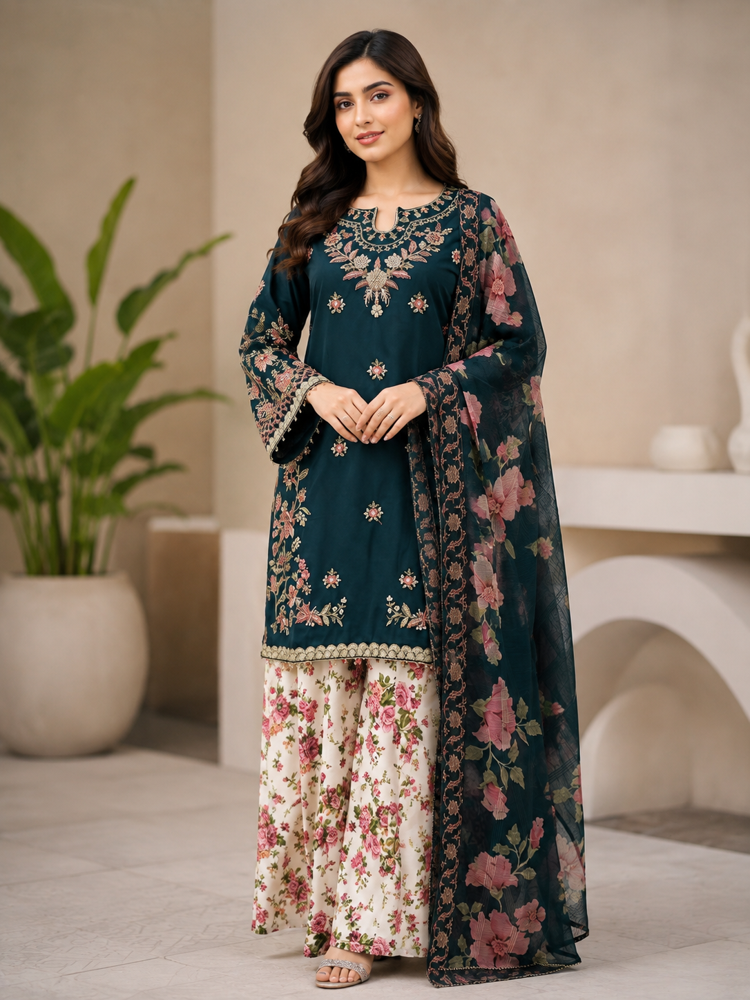 Embroidered Teal Floral Shalwar Suit
