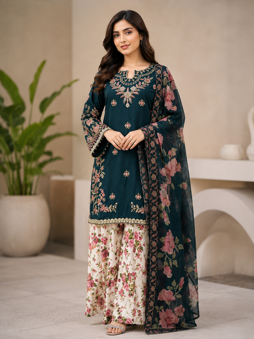 Embroidered Teal Floral Shalwar Suit