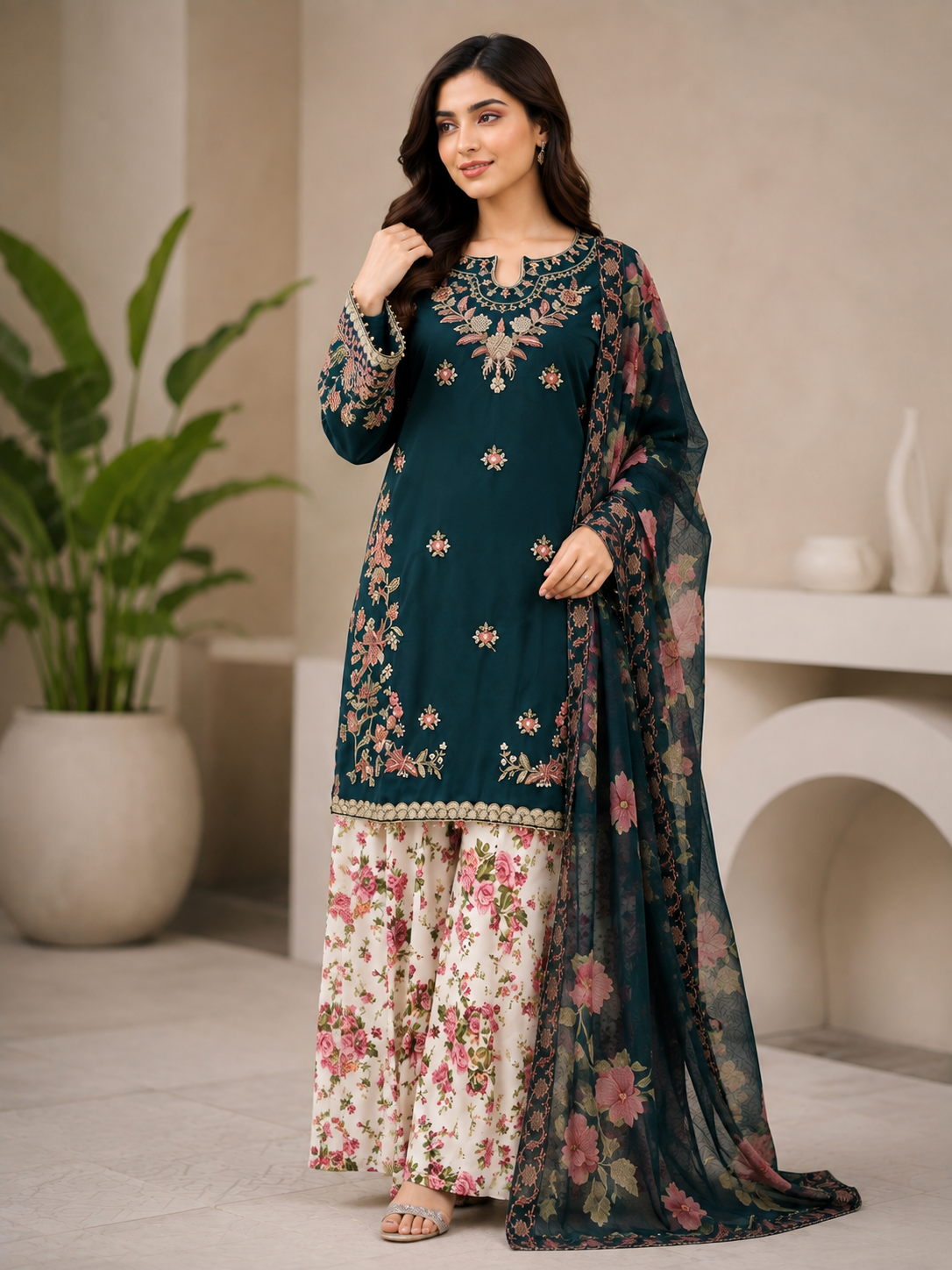 Embroidered Teal Floral Shalwar Suit