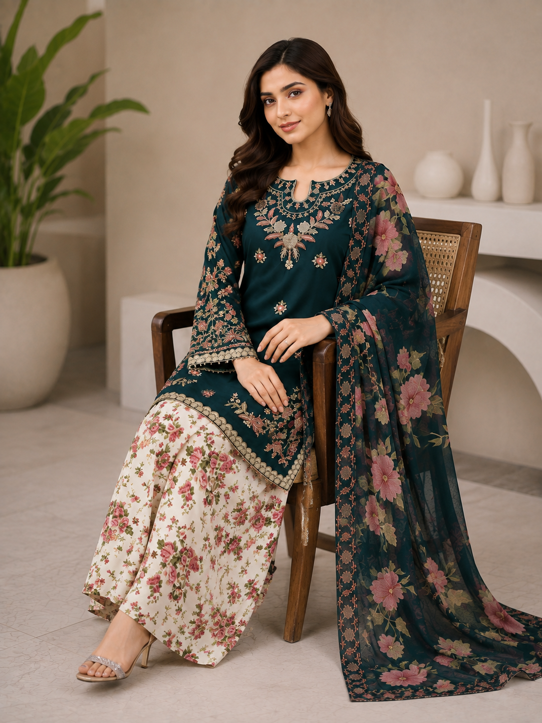 Embroidered Teal Floral Shalwar Suit