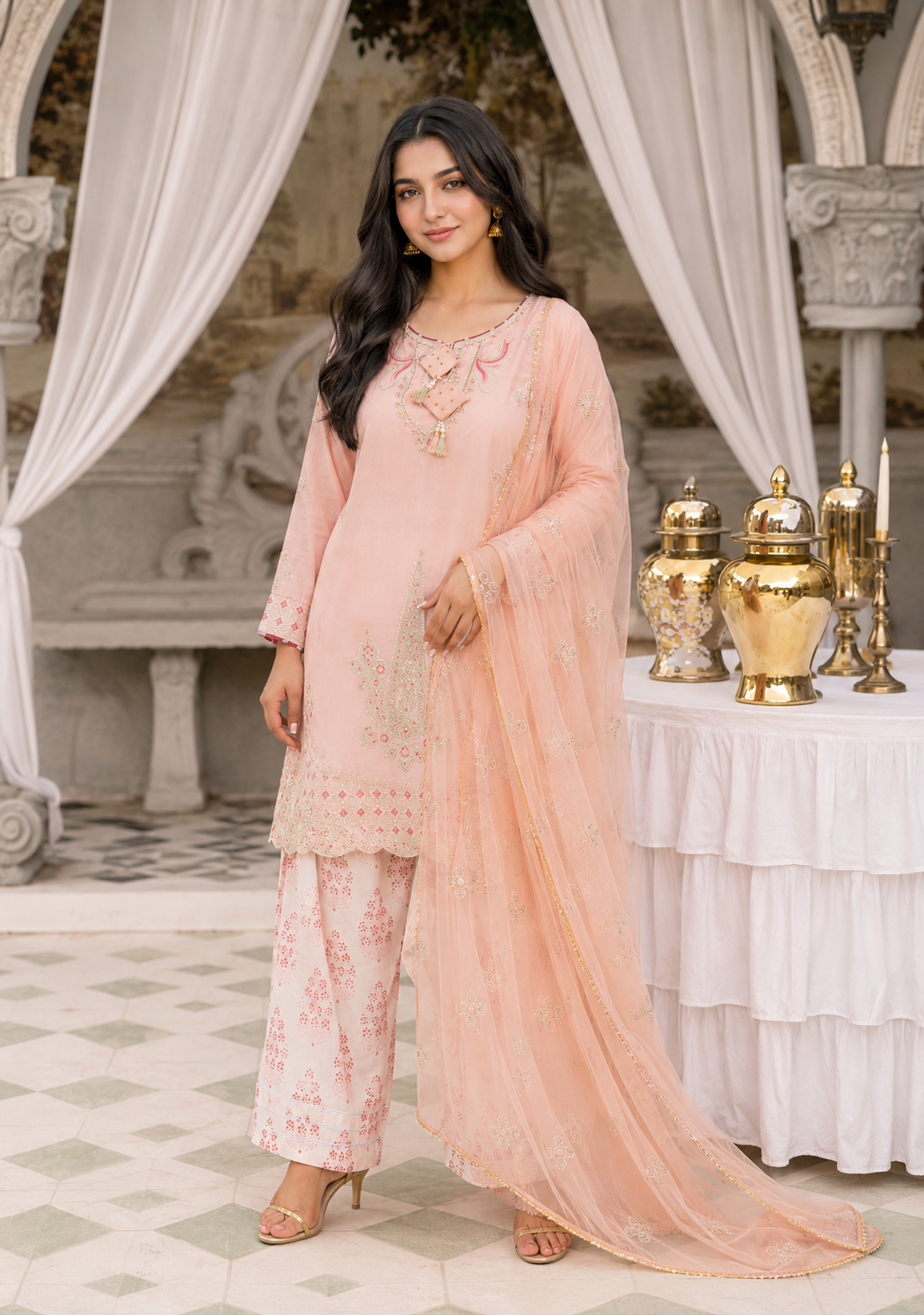 Blush Pink Embroidered 3-Piece Lawn Suit with Organza Dupatta & Printed Palazzo