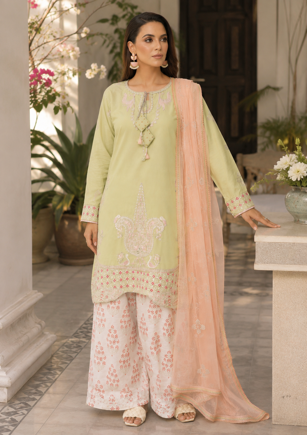 Pistachio Green Embroidered 3-Piece Lawn Suit with Organza Dupatta & Printed Palazzo