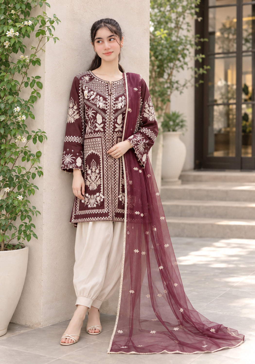 Plum Luxury Embroidered 3-Piece Suit with Organza Dupatta & Tulip Shalwar