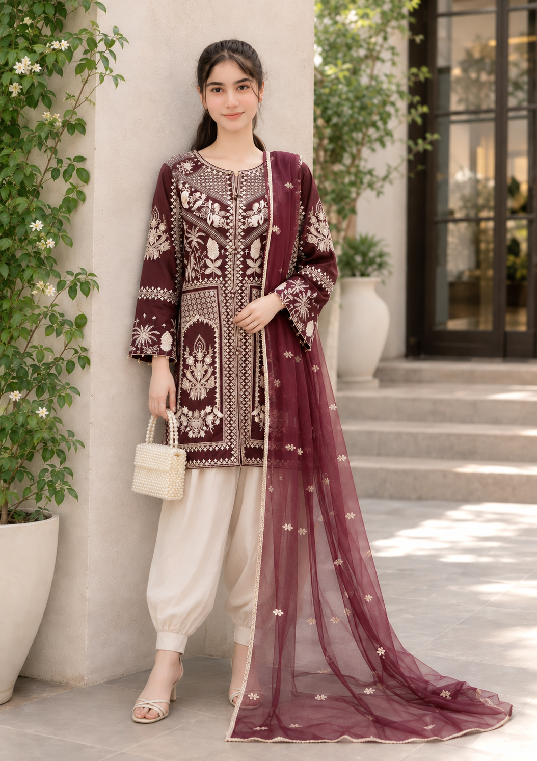 Plum Luxury Embroidered 3-Piece Suit with Organza Dupatta & Tulip Shalwar